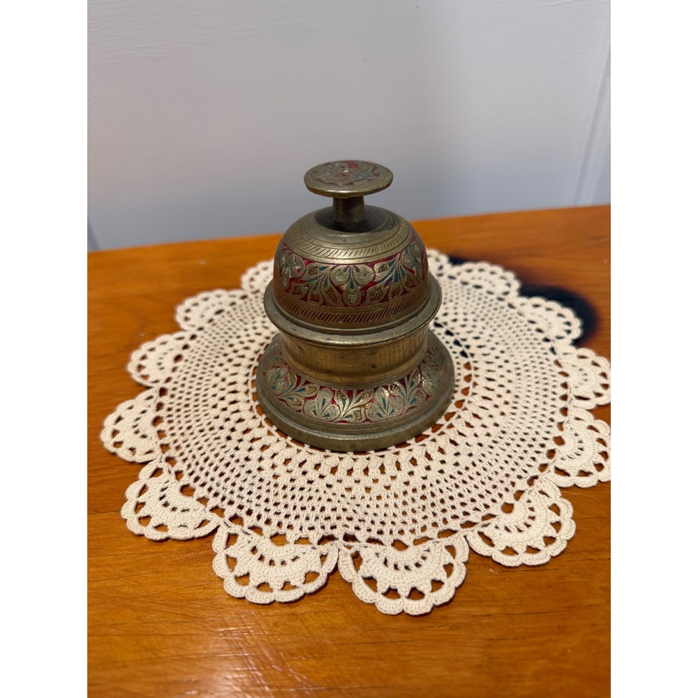 Vintage Brass Desk Bell Etched Enamel Floral Service Bell India Complete